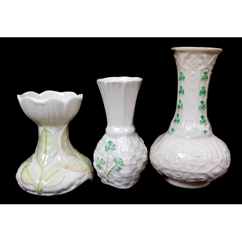 7 - Belleek Porcelain - Three small vases, elm leaf vase, 3rd green mark, 1965 - 1981; Shamrock onion sh... 