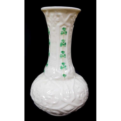 7 - Belleek Porcelain - Three small vases, elm leaf vase, 3rd green mark, 1965 - 1981; Shamrock onion sh... 