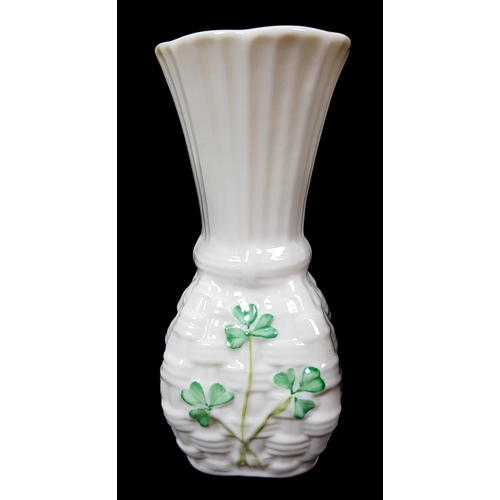 7 - Belleek Porcelain - Three small vases, elm leaf vase, 3rd green mark, 1965 - 1981; Shamrock onion sh... 