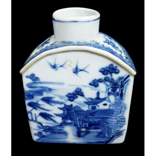 83 - A Chinese export porcelain blue and white tea cannister, of rectangular section with sloped shoulder... 