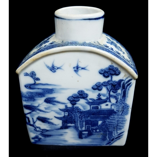 83 - A Chinese export porcelain blue and white tea cannister, of rectangular section with sloped shoulder... 