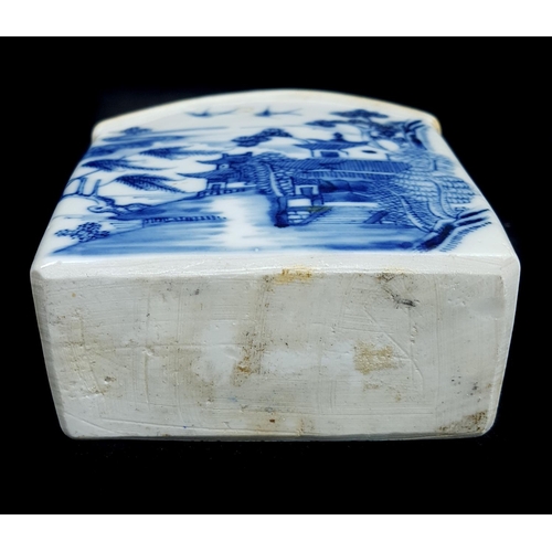 83 - A Chinese export porcelain blue and white tea cannister, of rectangular section with sloped shoulder... 