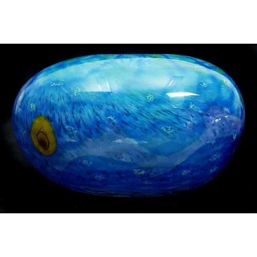 28 - Siddy Langley studio glass - An ovoid vase of blue/green ground with purple striping and yellow mill... 