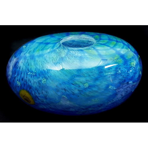 28 - Siddy Langley studio glass - An ovoid vase of blue/green ground with purple striping and yellow mill... 