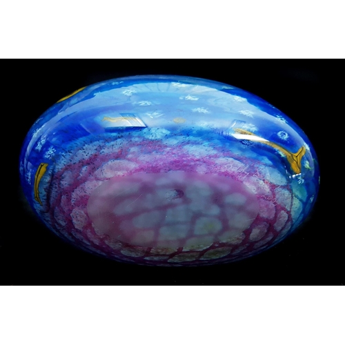 28 - Siddy Langley studio glass - An ovoid vase of blue/green ground with purple striping and yellow mill... 