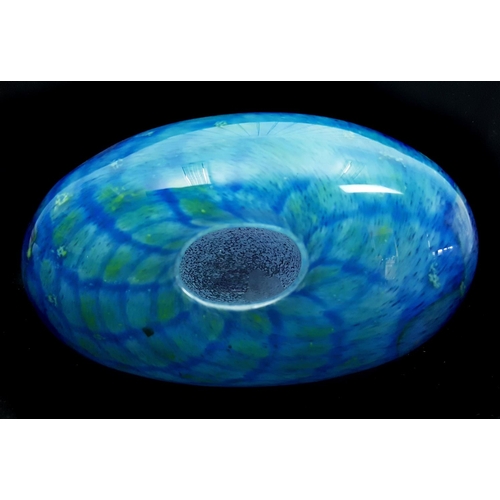 28 - Siddy Langley studio glass - An ovoid vase of blue/green ground with purple striping and yellow mill... 