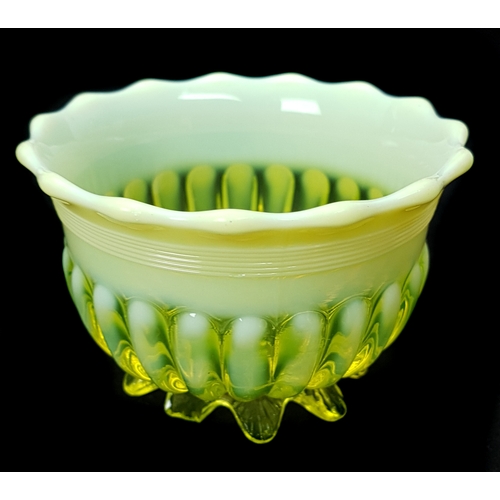 194 - English moulded glass - A uranium and opaline pillar moulded strawberry set, of sugar bowl and cream... 