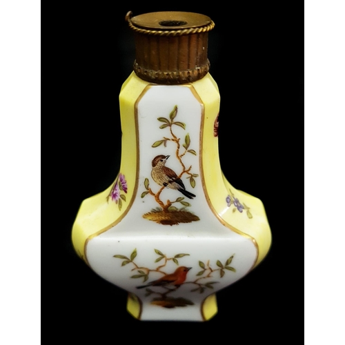 129 - A German porcelain perfume bottle, in Meissen style, of flattened bottle form painted with birds in ... 