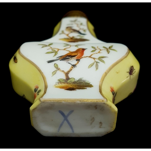 129 - A German porcelain perfume bottle, in Meissen style, of flattened bottle form painted with birds in ... 