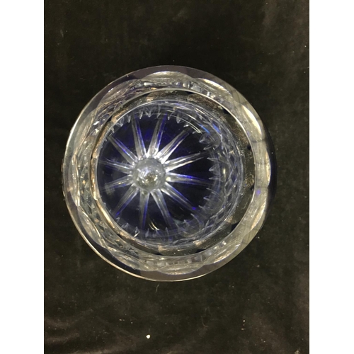 65 - Val St Lambert - A tapered ovoid glass vase, cased in royal blue and cut through to clear, engraved ... 