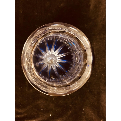 65 - Val St Lambert - A tapered ovoid glass vase, cased in royal blue and cut through to clear, engraved ... 