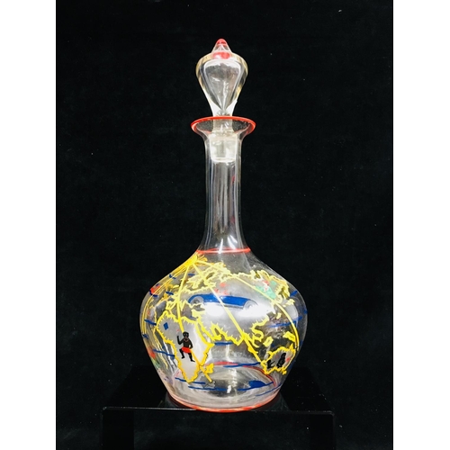 66 - A novelty decanter and stopper, the bottle form body enamelled with countries of the world with figu... 