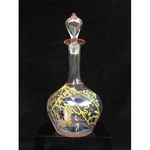 66 - A novelty decanter and stopper, the bottle form body enamelled with countries of the world with figu... 