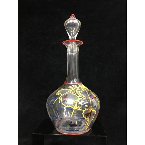 66 - A novelty decanter and stopper, the bottle form body enamelled with countries of the world with figu... 