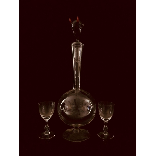 69 - A Bimini Mephistopheles decanter, the stopper formed as the Devils head in black glass with red horn... 