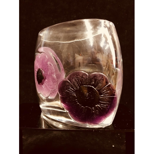 72 - A Daum Coppelia pattern cameo and pate de verre glass vase, of ovoid colourless glass set with pink ... 