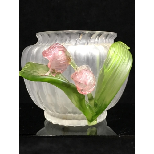 75 - Kralik - A small glass posy bowl, the frosted globular body moulded with a fluted raindrop ground an... 