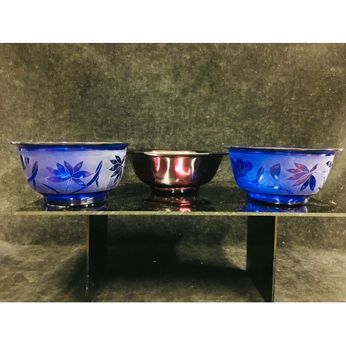 115 - Three Chinese Peking glass rice bowls, comprising a pair of cobalt blue colour etched with lotus flo... 