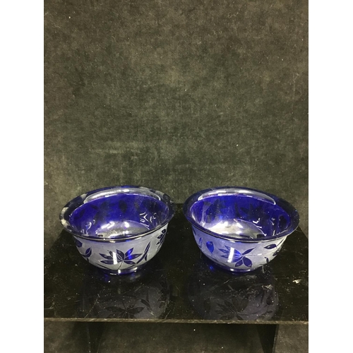 115 - Three Chinese Peking glass rice bowls, comprising a pair of cobalt blue colour etched with lotus flo... 