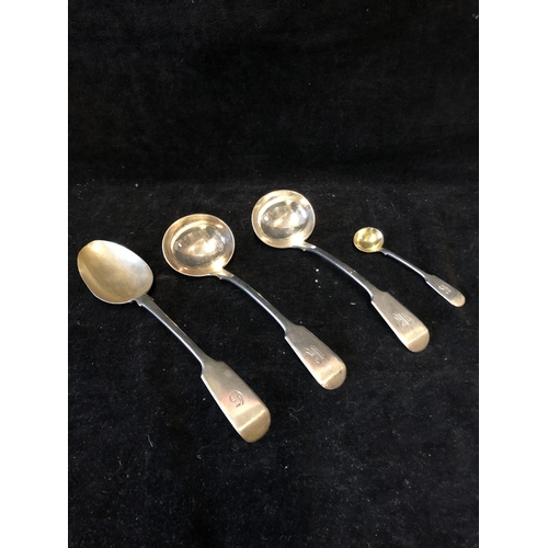 31 - A pair of silver sauce ladles, Exeter 1849, makers mark JS in conjoined circles for John Stone; a co... 