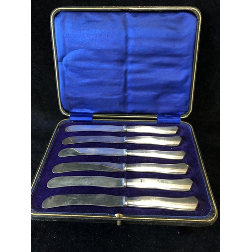 32 - A cased set of silver handled butter knives; and a preserve spoon with silver ferrule (8)