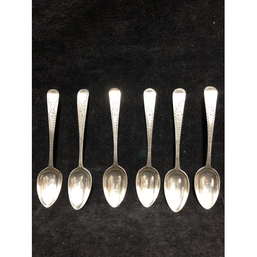 33 - Six silver bright cut decorated tea spoons, London 1790, makers mark of TW (6)