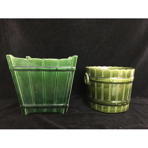 147 - Two majolica green glazed jardinieres, one by T F & Sons, of Gypsy 3 shape, barrel form with faux ri... 