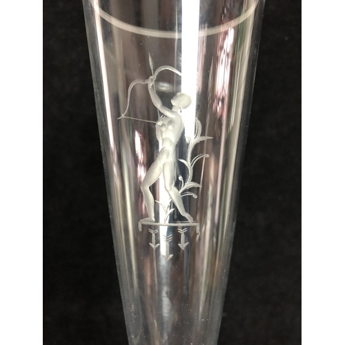 90 - Edward Hald for Orrefors Glass - Diana the Huntress, engraved on a tall glass goblet on twisted stem... 