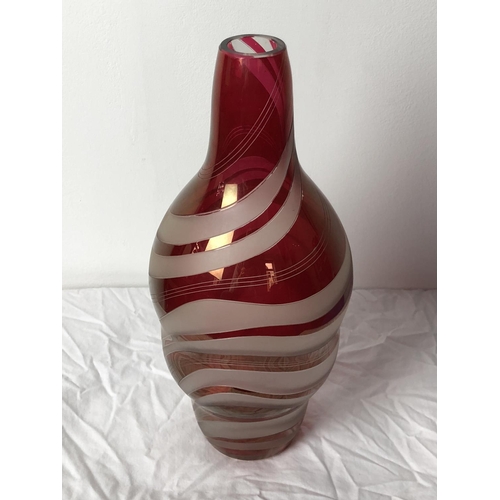 91 - Karel Wünsch for Borske Sklo - A ruby red flashed and frosted colourless glass flattened bottle vase... 