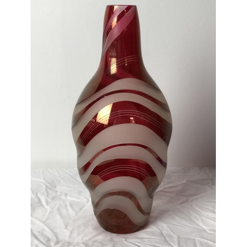 91 - Karel Wünsch for Borske Sklo - A ruby red flashed and frosted colourless glass flattened bottle vase... 