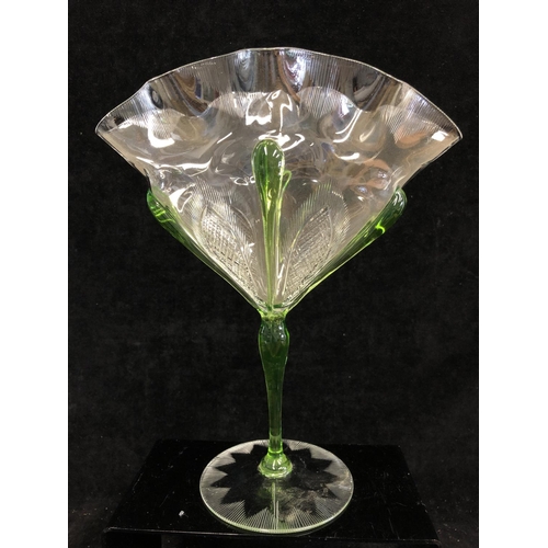 94 - Stevens and Williams, A fan vase, of cut and moulded colourless glass, with applied green glass tear... 