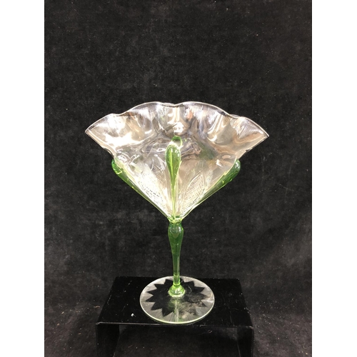 94 - Stevens and Williams, A fan vase, of cut and moulded colourless glass, with applied green glass tear... 