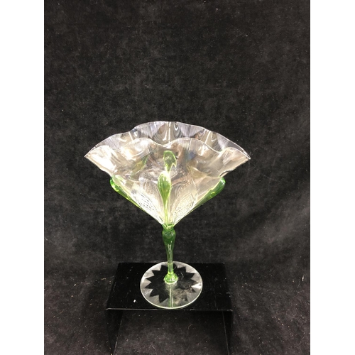 94 - Stevens and Williams, A fan vase, of cut and moulded colourless glass, with applied green glass tear... 