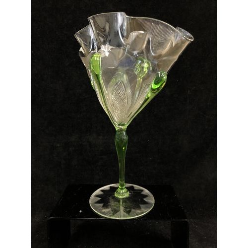 94 - Stevens and Williams, A fan vase, of cut and moulded colourless glass, with applied green glass tear... 