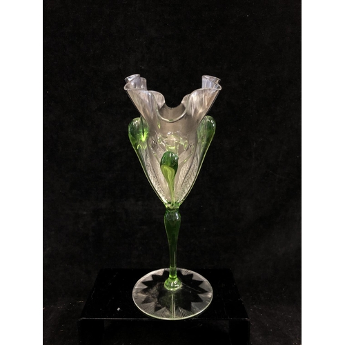 94 - Stevens and Williams, A fan vase, of cut and moulded colourless glass, with applied green glass tear... 