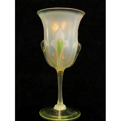 95 - Stevens and Williams - A vasaline  glass chalice, the bell form bowl decorated with fleur des lys mo... 