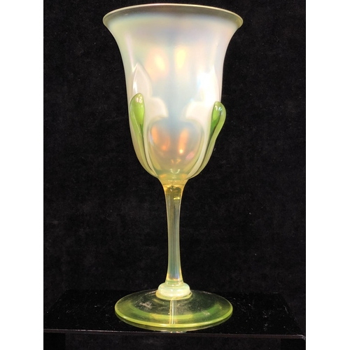 95 - Stevens and Williams - A vasaline  glass chalice, the bell form bowl decorated with fleur des lys mo... 