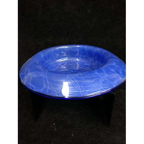 49 - Loetz - A rare blue Melusin iridescent glass bowl, of cardinal hat form, the everted rim with solid ... 