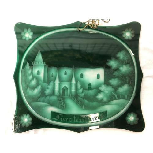 85 - Bohemian glass - An emerald green cameo glass panel titled Furstenburg, cut as a building flanked by... 