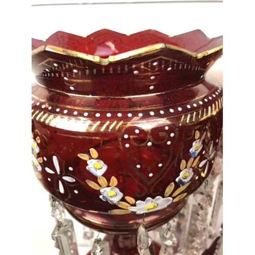 51 - Bohemian Glass - A pair of ruby glass table lustres, the bowls with crenelated rim, gilded and ename... 