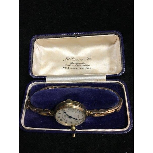 44 - A 9ct J W Benson, London wrist watch, 1920's, circular dial, arabic numerals, gross weight, 24.5 grm... 