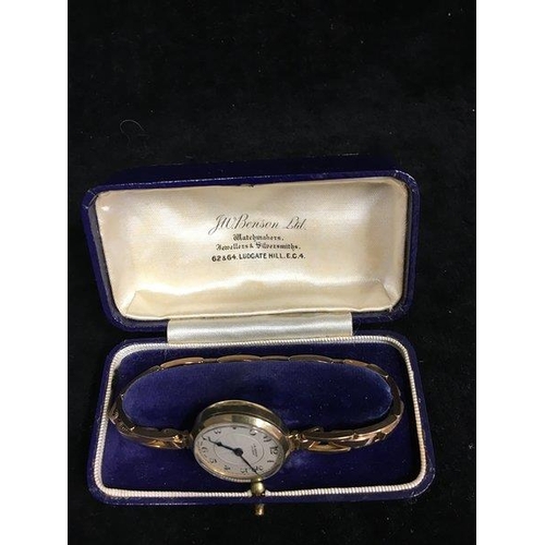 44 - A 9ct J W Benson, London wrist watch, 1920's, circular dial, arabic numerals, gross weight, 24.5 grm... 