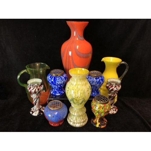 107 - A group of Czechoslovakian spatter and other glasswares, comprising: 2 lemonade jugs; a large orange... 