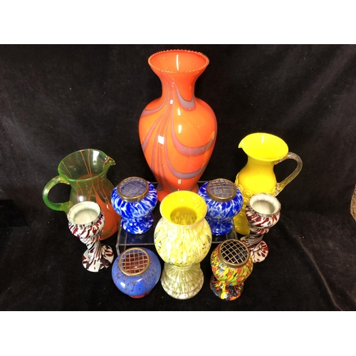 107 - A group of Czechoslovakian spatter and other glasswares, comprising: 2 lemonade jugs; a large orange... 