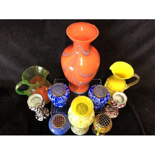 107 - A group of Czechoslovakian spatter and other glasswares, comprising: 2 lemonade jugs; a large orange... 