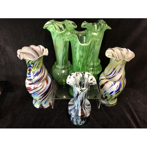 108 - Six End of Day/Spatter glass vases, green/white and multicoloured spatter, 35cm high (6)