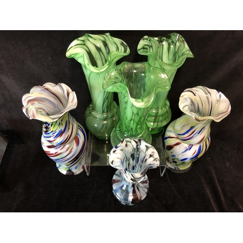 108 - Six End of Day/Spatter glass vases, green/white and multicoloured spatter, 35cm high (6)