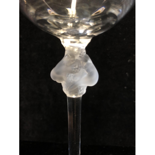 115 - Six Lalique Roxane pattern white wine glasses, the stem knop formed as two female figures entwined a... 