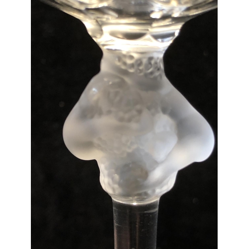 115 - Six Lalique Roxane pattern white wine glasses, the stem knop formed as two female figures entwined a... 