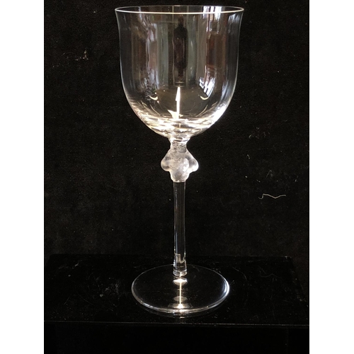 115 - Six Lalique Roxane pattern white wine glasses, the stem knop formed as two female figures entwined a... 